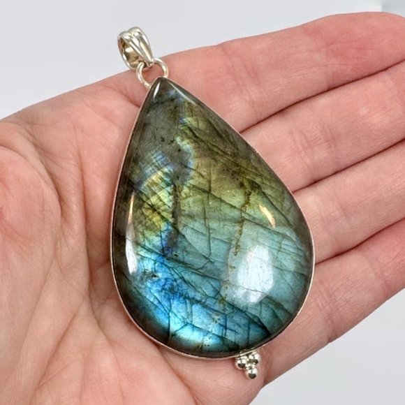 Labradorite Pendant, Sterling Silver, Large Stone, Handcrafted, 3" Long, Blue - Picture 1 of 6